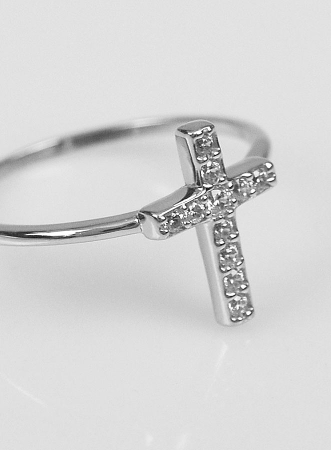 Bague Croix & Diamants - Argent Rhodié - Taille 50 (pic 4)