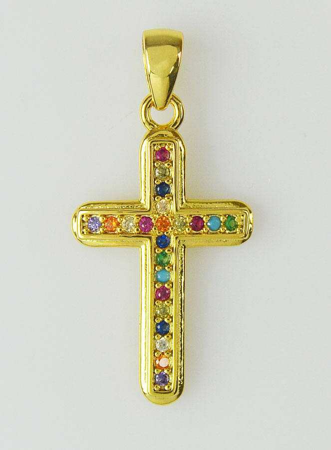 Pendentif Croix en Laiton Doré et Zircons Multicolores - 19mm (pic 1)