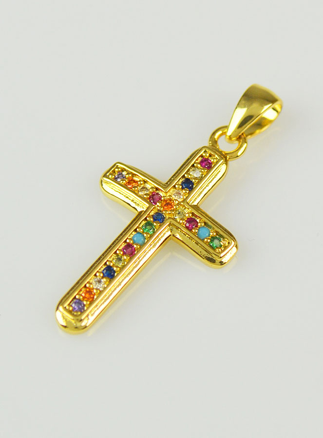 Pendentif Croix en Laiton Doré et Zircons Multicolores - 19mm (pic 2)