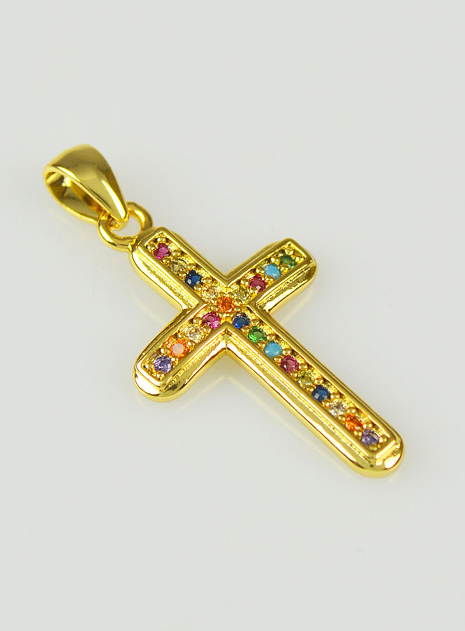 Pendentif Croix en Laiton Doré et Zircons Multicolores - 19mm (pic 3)