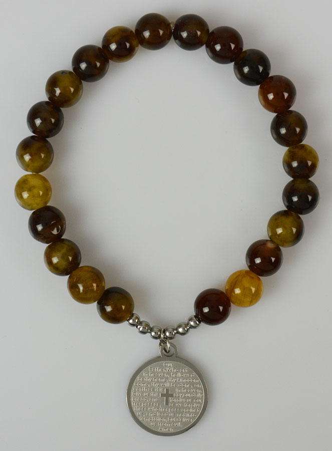 Bracelet Religieux en Pierre d'Agate Marron & Prière du Notre Père (pic 1)
