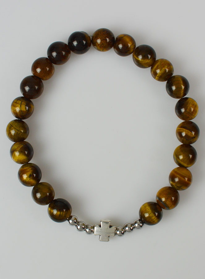 Bracelet Religieux en Pierre d'Oeil de Tigre 8mm & Croix (pic 1)