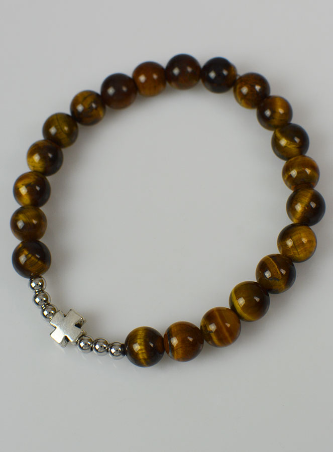 Bracelet Religieux en Pierre d'Oeil de Tigre 8mm & Croix (pic 2)