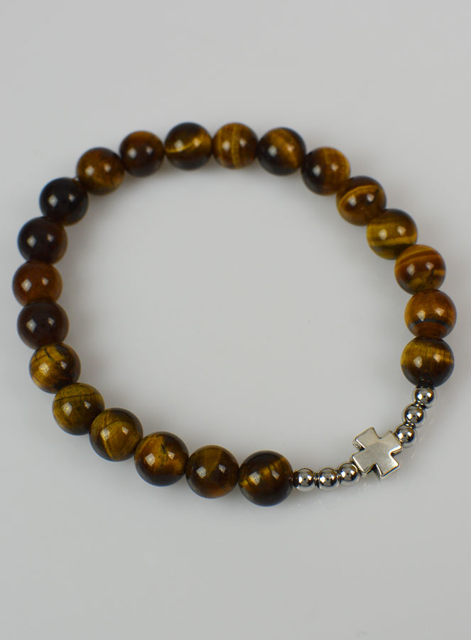 Bracelet Religieux en Pierre d'Oeil de Tigre 8mm & Croix (pic 3)