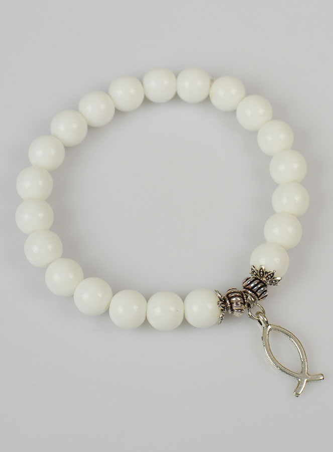 Bracelet Religieux en Pierre Naturelle d'Agate Blanche & Ichtus (pic 3)