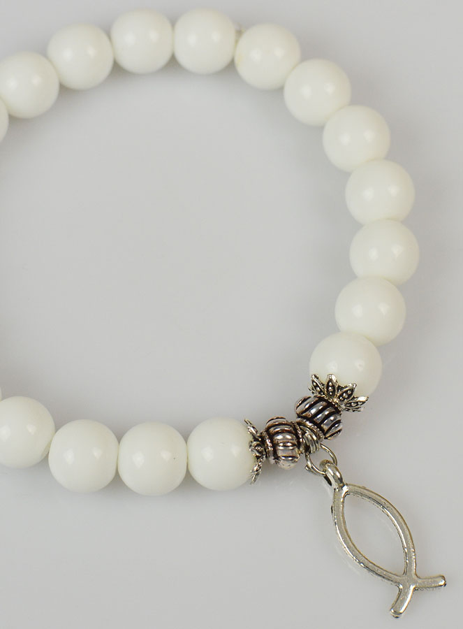 Bracelet Religieux en Pierre Naturelle d'Agate Blanche & Ichtus (pic 4)