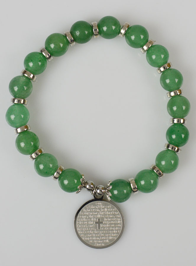 Bracelet Religieux en Pierre d'Aventurine Verte & Prière du Notre Père (pic 1)