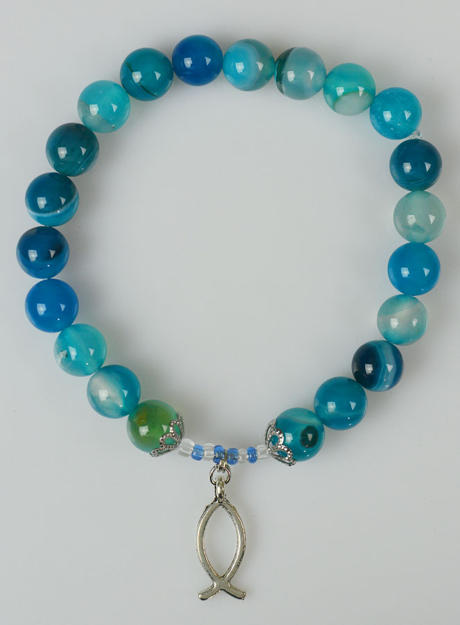 Bracelet Religieux en Pierre Naturelle d'Agate Bleue & Ichtus (pic 1)