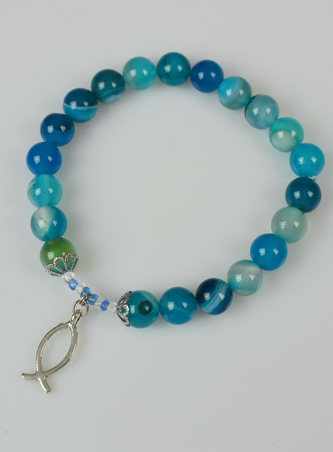 Bracelet Religieux en Pierre Naturelle d'Agate Bleue & Ichtus (pic 2)