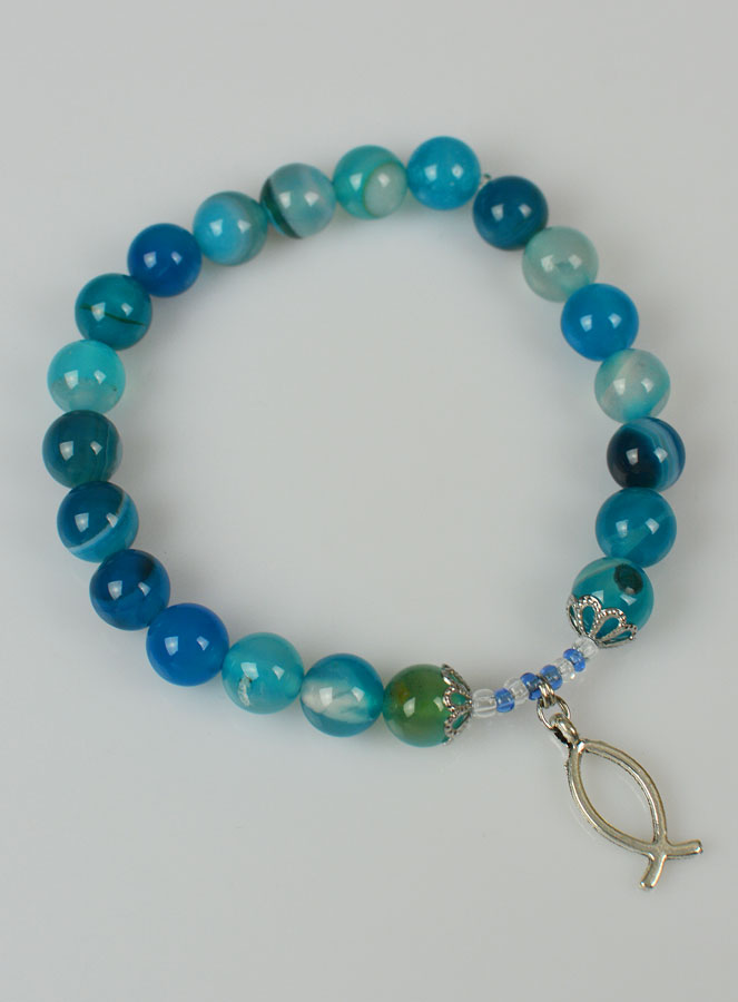 Bracelet Religieux en Pierre Naturelle d'Agate Bleue & Ichtus (pic 3)