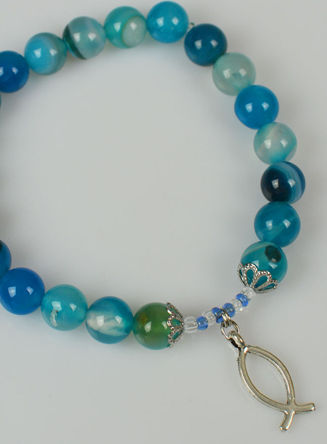 Bracelet Religieux en Pierre Naturelle d'Agate Bleue & Ichtus (pic 4)