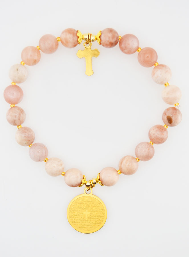 Bracelet Religieux en Pierre de Soleil - Notre Père & Croix (pic 1)