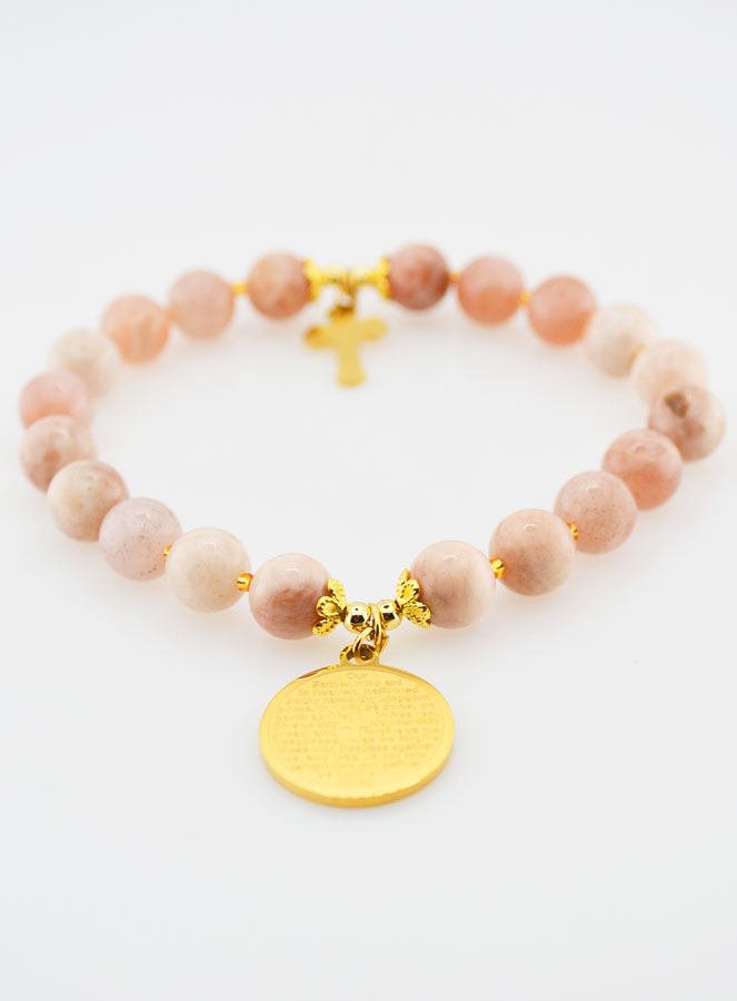 Bracelet Religieux en Pierre de Soleil - Notre Père & Croix (pic 2)