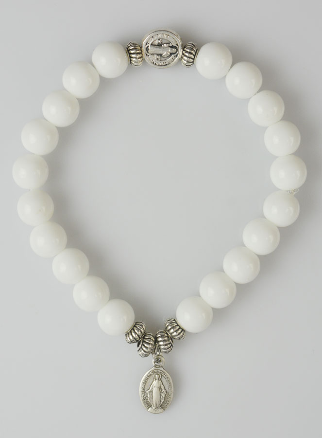 Bracelet Religieux en Pierre Naturelle d'Agate Blanche - Miraculeuse & St Benoît (pic 1)