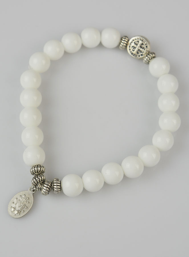 Bracelet Religieux en Pierre Naturelle d'Agate Blanche - Miraculeuse & St Benoît (pic 2)