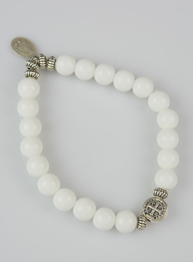 Bracelet Religieux en Pierre Naturelle d'Agate Blanche - Miraculeuse & St Benoît (pic 3)