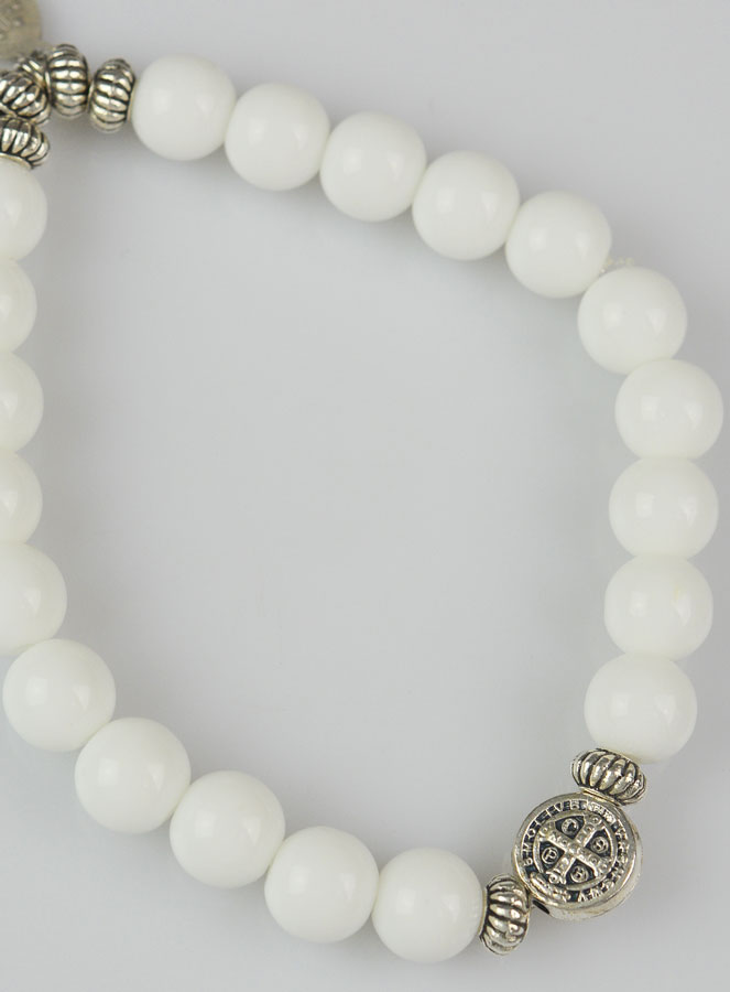 Bracelet Religieux en Pierre Naturelle d'Agate Blanche - Miraculeuse & St Benoît (pic 4)