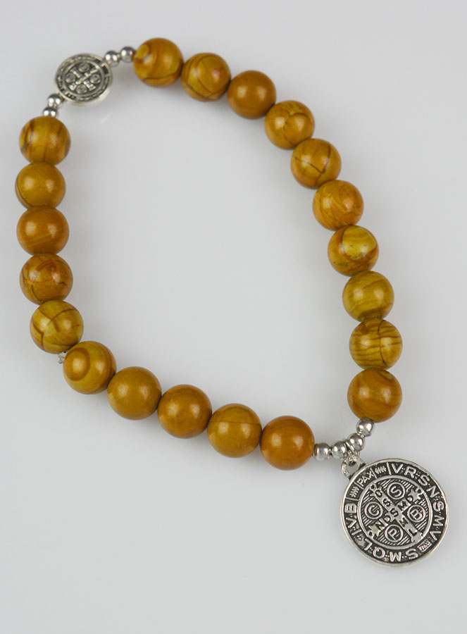 Bracelet Religieux en Pierre de Jaspe Bois - Saint Benoît (pic 3)