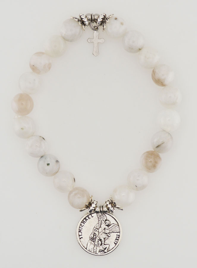 Bracelet Religieux en Pierre de Lune Noire - Saint Michel & Croix (pic 1)