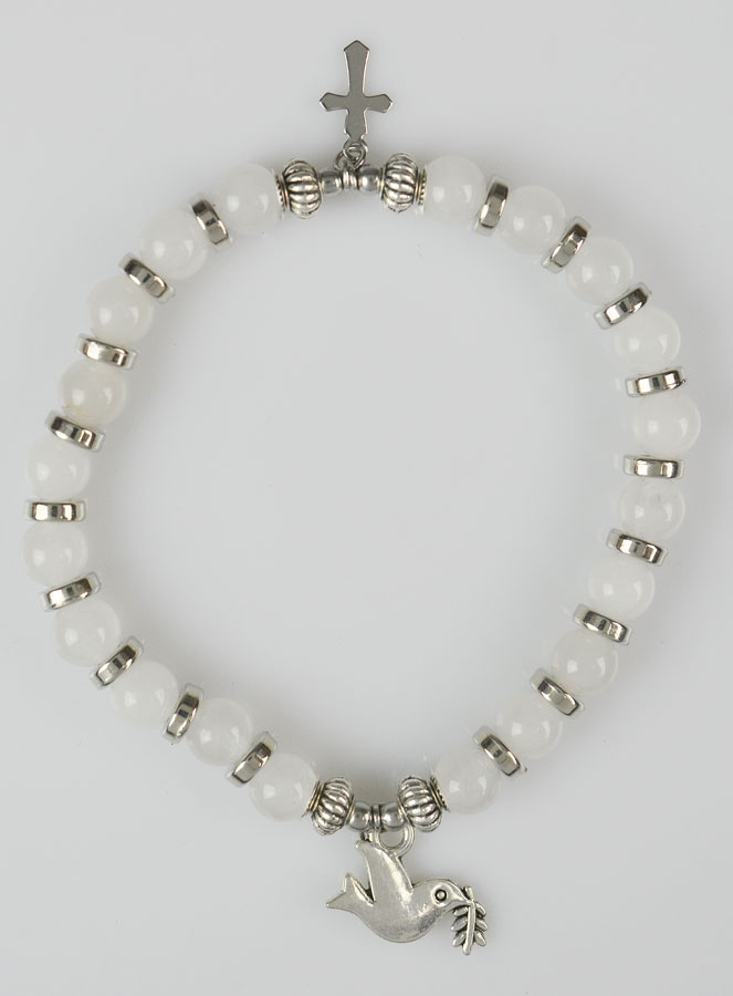 Bracelet Religieux en Pierre Naturelle de Jade Blanc - Saint Esprit & Croix (pic 1)