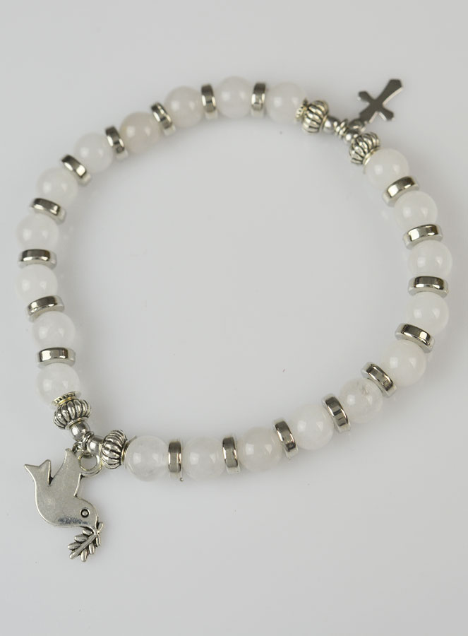 Bracelet Religieux en Pierre Naturelle de Jade Blanc - Saint Esprit & Croix (pic 2)