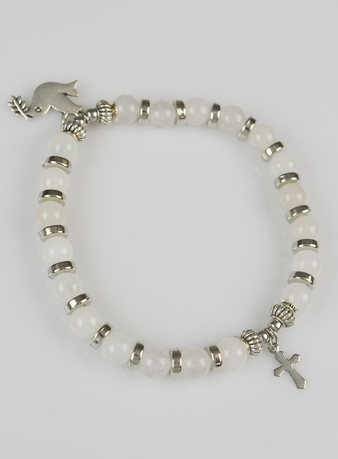Bracelet Religieux en Pierre Naturelle de Jade Blanc - Saint Esprit & Croix (pic 3)