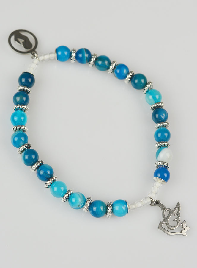 Bracelet Religieux en Pierres Naturelles d'Agate Bleue - Vierge Marie & St Esprit (pic 3)