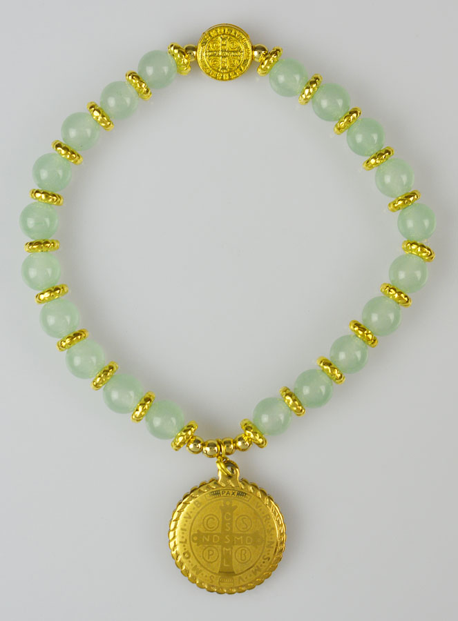 Bracelet Religieux en Pierre Naturelle de Jade Pâle & Saint Benoît (pic 1)
