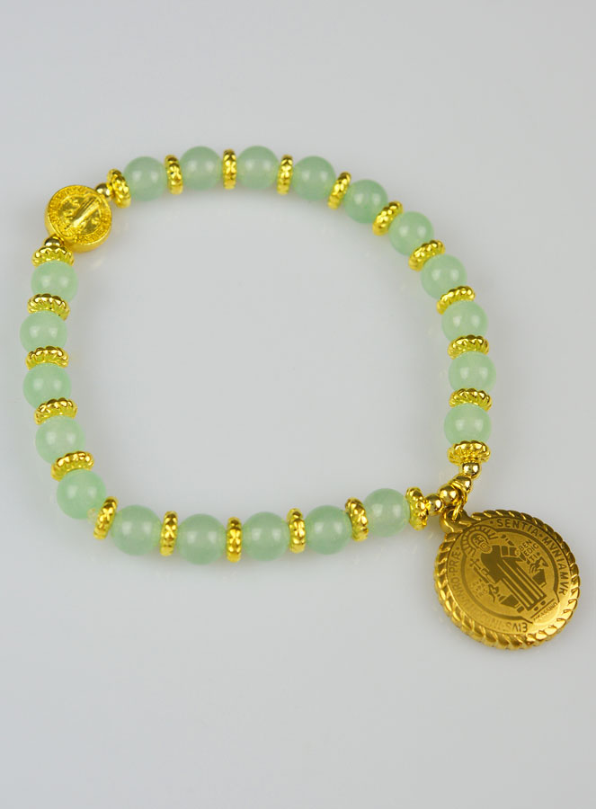 Bracelet Religieux en Pierre Naturelle de Jade Pâle & Saint Benoît (pic 3)