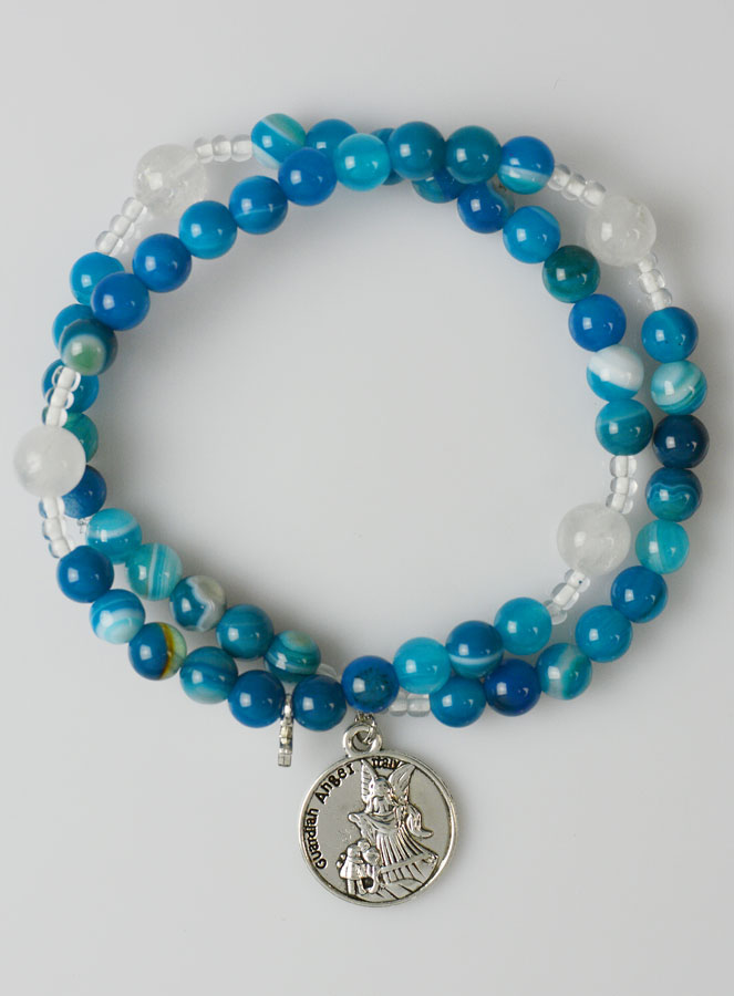 Bracelet Chapelet en Pierre Naturelle d'Agate Bleue - Saint Michel (pic 1)
