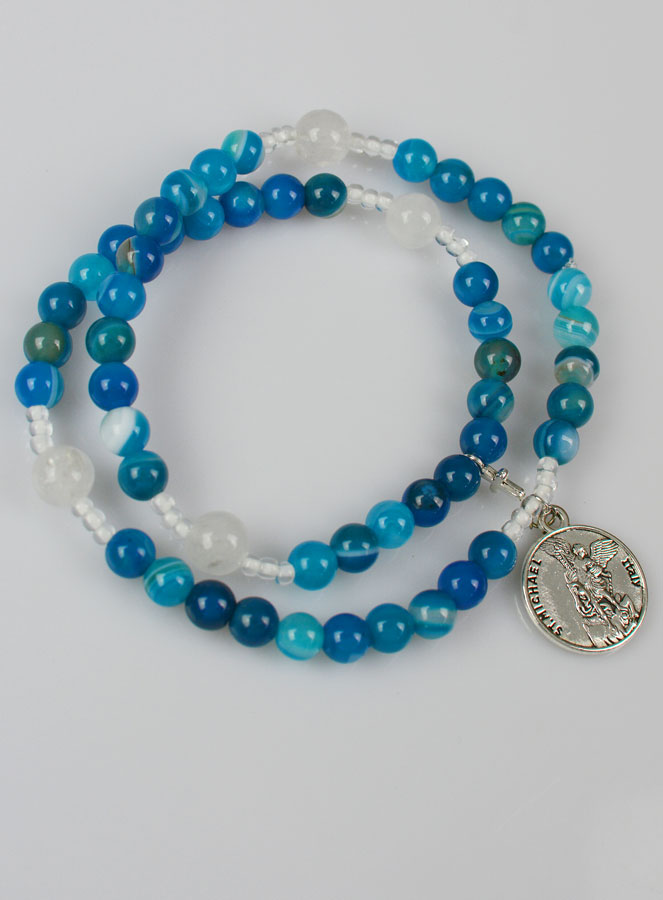 Bracelet Chapelet en Pierre Naturelle d'Agate Bleue - Saint Michel (pic 3)