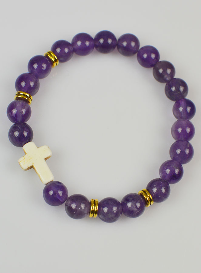 Bracelet Croix en Pierre Naturelle - Améthyste 8mm (pic 2)
