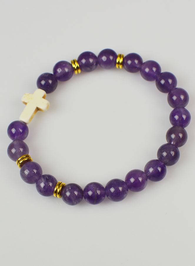 Bracelet Croix en Pierre Naturelle - Améthyste 8mm (pic 3)