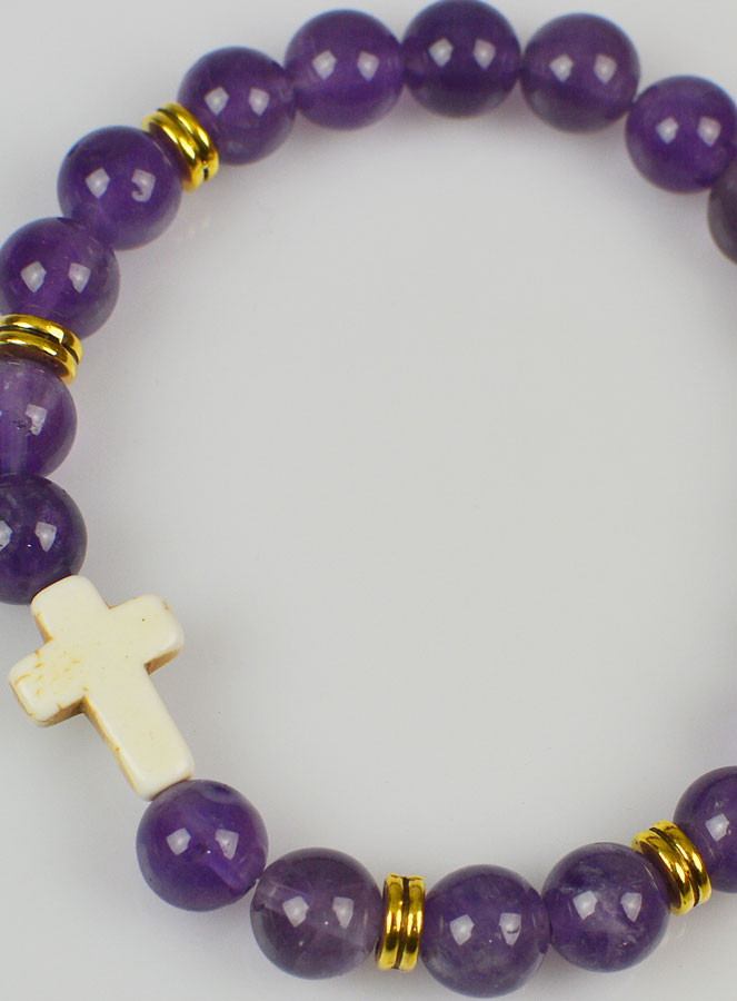 Bracelet Croix en Pierre Naturelle - Améthyste 8mm (pic 4)