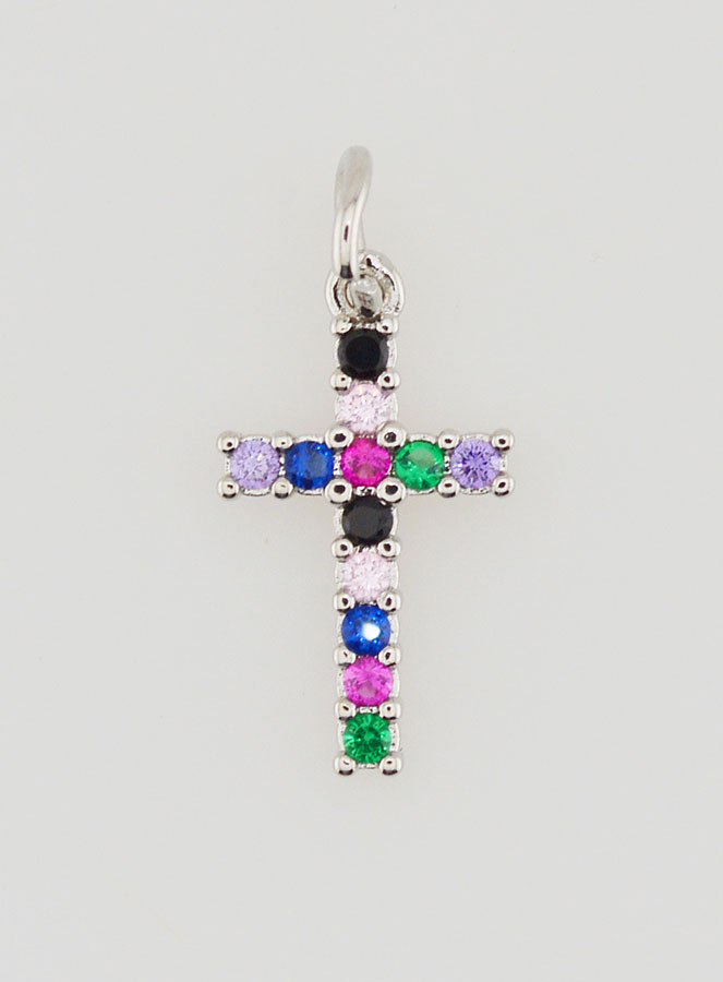 Pendentif Croix Argenté Zircons Multicolores - 15mm (pic 1)