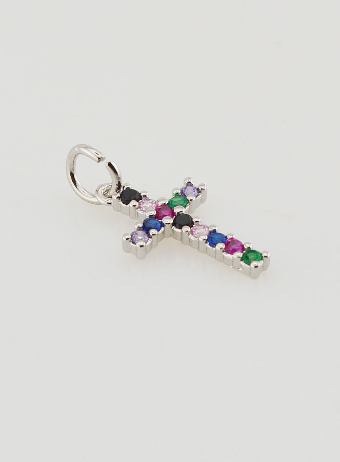 Pendentif Croix Argenté Zircons Multicolores - 15mm (pic 2)