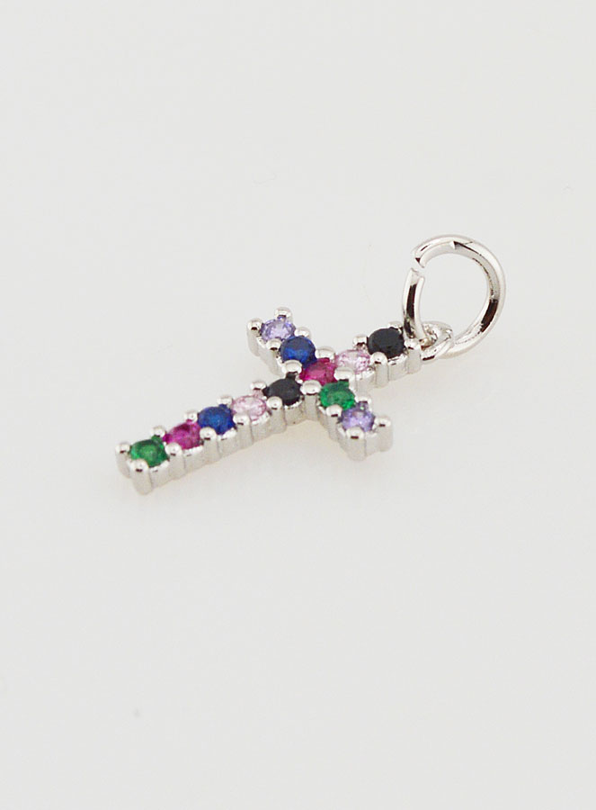 Pendentif Croix Argenté Zircons Multicolores - 15mm (pic 3)
