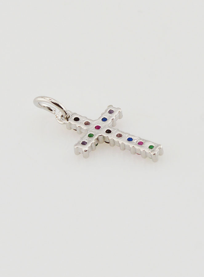 Pendentif Croix Argenté Zircons Multicolores - 15mm (pic 4)