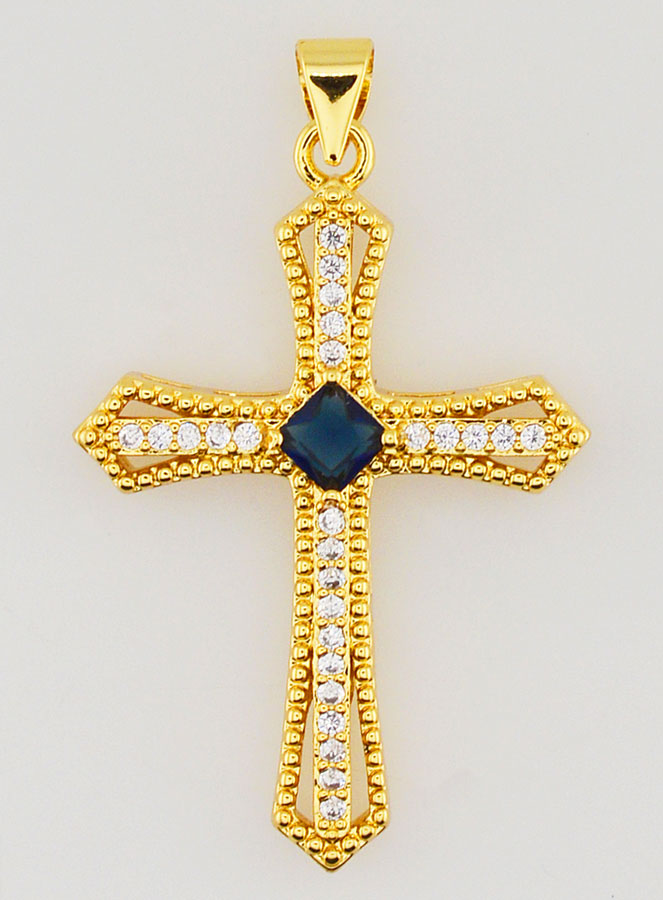 Pendentif Croix Baroque Strass Bleu Foncé - 30mm (pic 1)