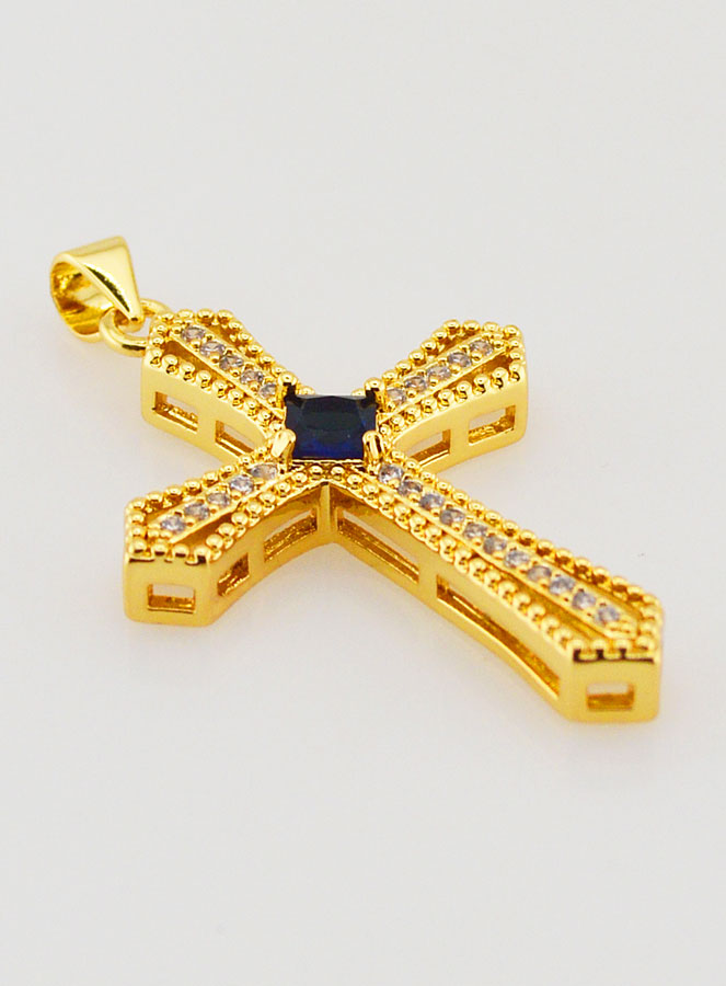 Pendentif Croix Baroque Strass Bleu Foncé - 30mm (pic 3)