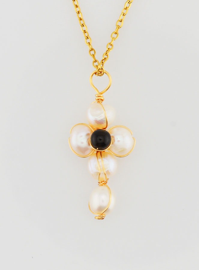 Collier Religieux Croix de Nacre & Obsidienne (pic 1)