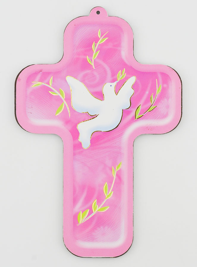 Croix Enfant Colombe de l'Esprit Saint - Fond Rose (pic 1)