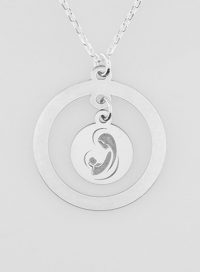 Collier Religieux en Argent - Pampille Vierge à l'Enfant Moderne (pic 1)