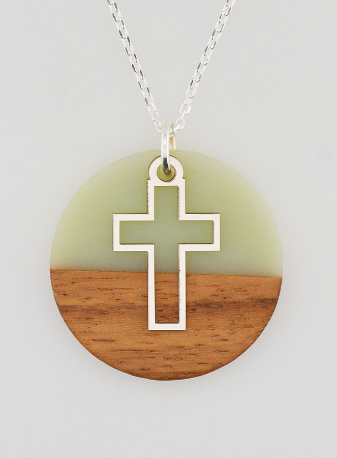 Collier Religieux en Argent - Cercle Bois Résine & Croix Ajourée (pic 1)