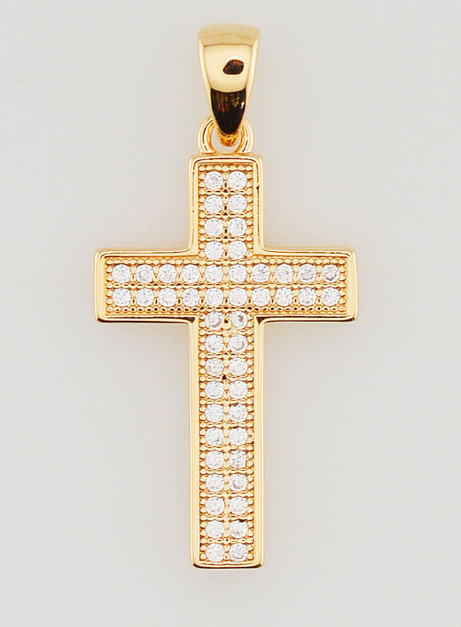 Pendentif Croix en Plaqué Or & Zirconiums - 32mm (pic 1)