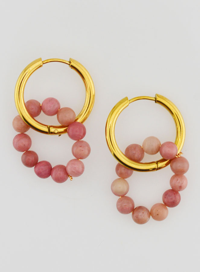 Boucles d'Oreilles Créoles - Acier Inoxydable & Rhodonite (pic 1)