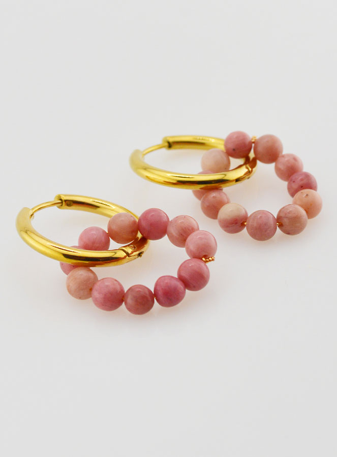 Boucles d'Oreilles Créoles - Acier Inoxydable & Rhodonite (pic 3)