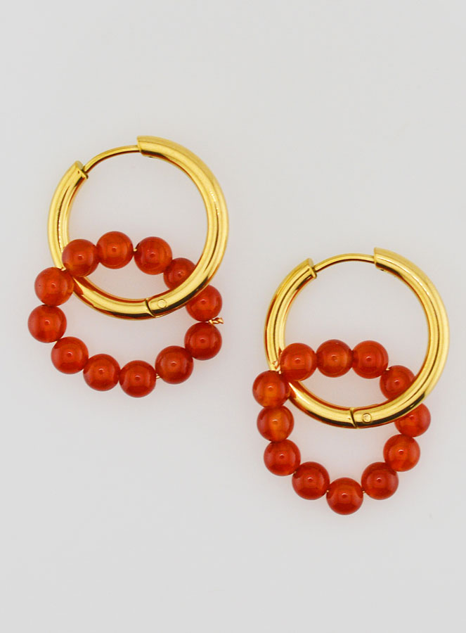 Boucles d'Oreilles Créoles - Acier Inoxydable & Agate Rouge (pic 1)