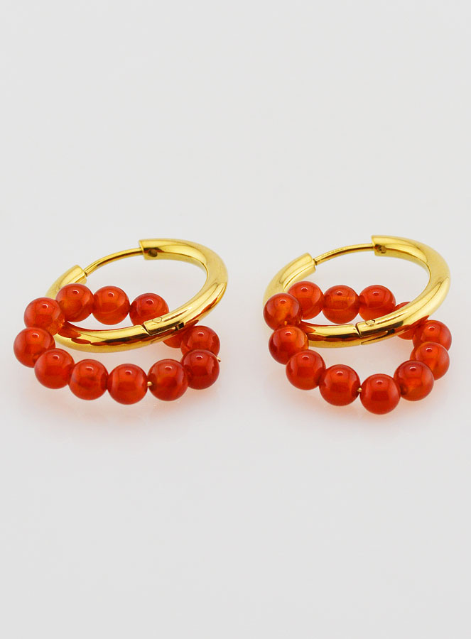 Boucles d'Oreilles Créoles - Acier Inoxydable & Agate Rouge (pic 2)