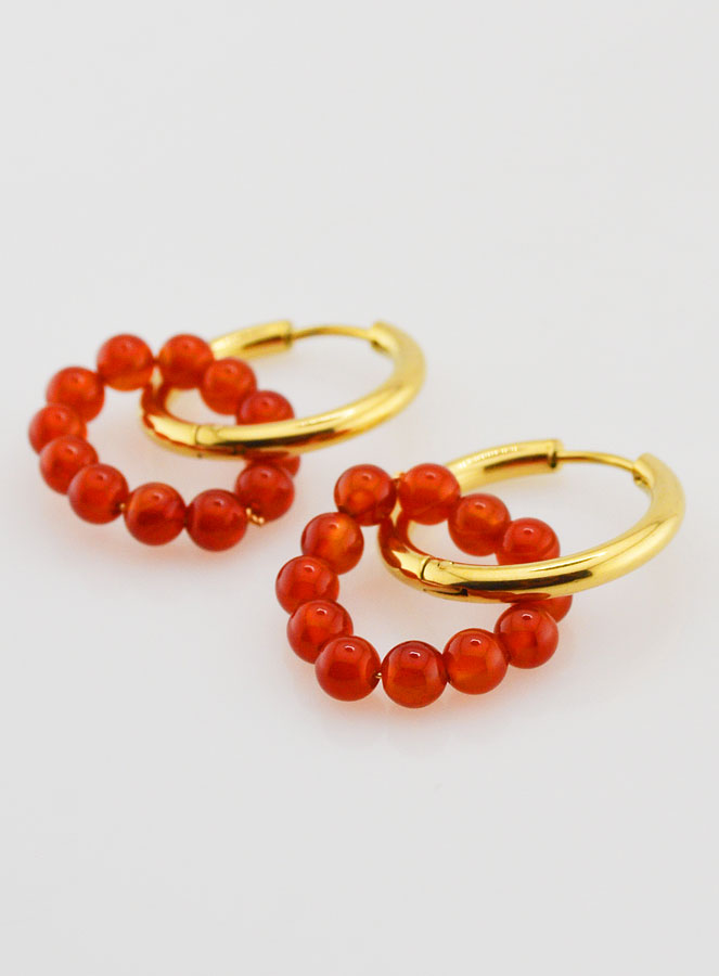 Boucles d'Oreilles Créoles - Acier Inoxydable & Agate Rouge (pic 4)